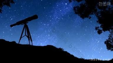在小山上的望远镜的剪影后面，掠过的星星在时间<strong>流逝</strong>，树枝在风中摇曳